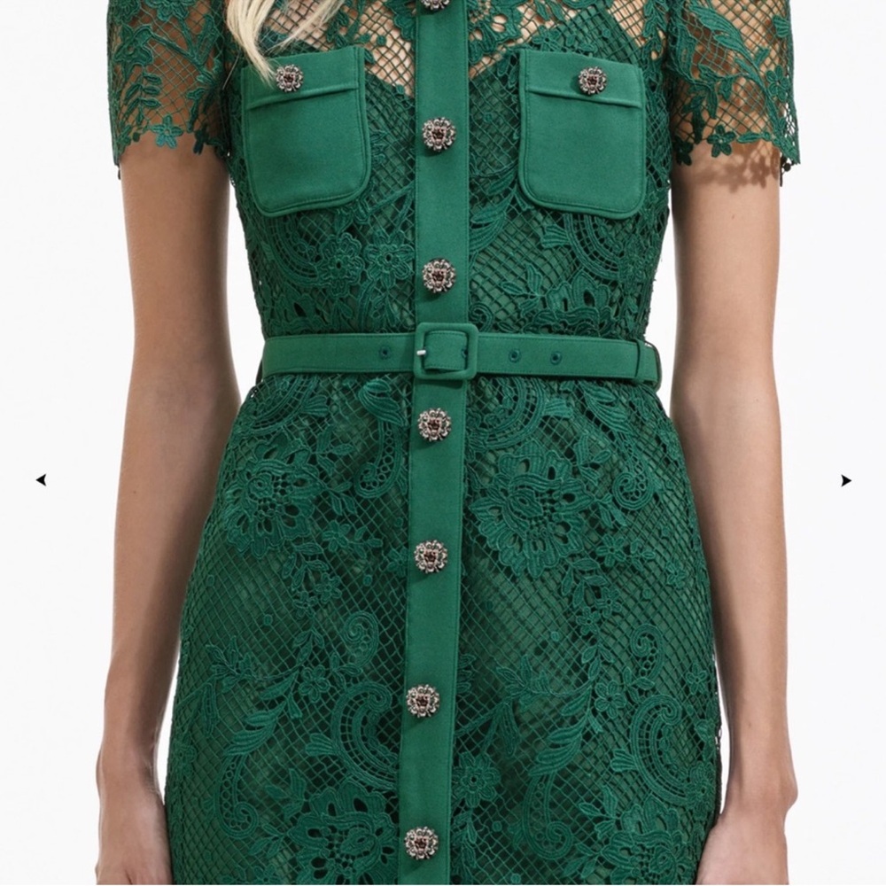 Elegant Green Lace Dress with Belt self-portrait